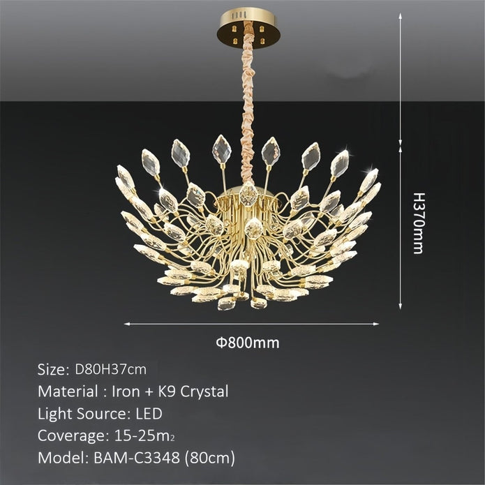 BAMDECOR C3348 Modern Luxury Crystal-leaf Chandelier LED Fashion Creativity Pendant Ceiling Lights(80cm-Gold)