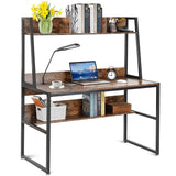 Computer Table Desk Book Storage Student Study Home Office Workstation with Bookshelf (Rustic Brown) - Rear View