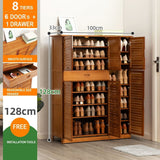 8 Tier Bamboo Large Capacity Storage Shelf Shoe Rack Cabinet 4 Doors 1 Drawer - Low Angle