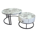 Snowy Mountain Faux Modern Marble Slate Nesting Coffee Table Set Leather Wrapped Wood Drawers