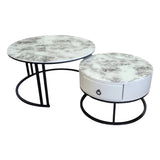 Snowy Mountain Faux Modern Marble Slate Nesting Coffee Table Set Leather Wrapped Wood Drawers - Front View