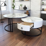 Snowy Mountain Faux Modern Marble Slate Nesting Coffee Table Set Leather Wrapped Wood Drawers - Side View