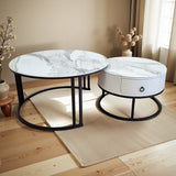 Snowy Mountain Faux Modern Marble Slate Nesting Coffee Table Set Leather Wrapped Wood Drawers - Top-Down View