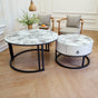 Snowy Mountain Faux Modern Marble Slate Nesting Coffee Table Set Leather Wrapped Wood Drawers