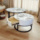 Snowy Mountain Faux Modern Marble Slate Nesting Coffee Table Set Leather Wrapped Wood Drawers - Front View