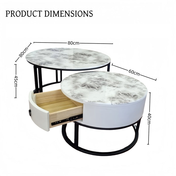 Snowy Mountain Faux Modern Marble Slate Nesting Coffee Table Set Leather Wrapped Wood Drawers