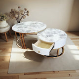 Snowy Mountain Faux Modern Marble Slate Nesting Coffee Table Set Leather Wrapped Wood Drawers - Front View