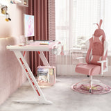 140cm RGB Gaming Desk Home Office Carbon Fiber Led Lights Game Racer Computer PC Table Z-Shaped Pink - Front View