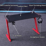 140cm RGB Gaming Desk Home Office Carbon Fiber Led Lights Game Racer Computer PC Table Z-Shaped Red - 45-Degree Angle