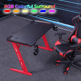 140cm RGB Gaming Desk Home Office Carbon Fiber Led Lights Game Racer Computer PC Table Z-Shaped Red - Top-Down View