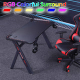 140cm RGB Gaming Desk Home Office Carbon Fiber Led Lights Game Racer Computer PC Table Y-Shaped Black - Front View