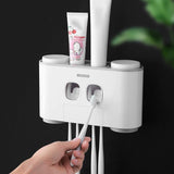 Ecoco Wall-Mounted Toothbrush Holder with 2 Toothpaste Dispensers 4 Cups and 5 Toothbrush Slots Toiletries Bathroom Storage Rack (Grey) - Front View
