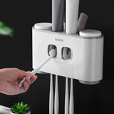 Ecoco Wall-Mounted Toothbrush Holder with 2 Toothpaste Dispensers 4 Cups and 5 Toothbrush Slots Toiletries Bathroom Storage Rack (Grey) - Side View
