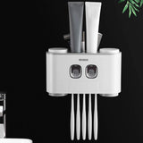Ecoco Wall-Mounted Toothbrush Holder with 2 Toothpaste Dispensers 4 Cups and 5 Toothbrush Slots Toiletries Bathroom Storage Rack (Grey) - Top-Down View