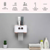 Ecoco Wall-Mounted Toothbrush Holder with 2 Toothpaste Dispensers 4 Cups and 5 Toothbrush Slots Toiletries Bathroom Storage Rack (Grey) - 45-Degree Angle