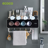 Ecoco Wall-Mounted Toothbrush Holder with 4 Cups and 4 Toothbrush Slots Toiletries Bathroom Storage Rack Black - Top-Down View