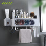 Ecoco Wall-Mounted Toothbrush Holder with 4 Cups and 4 Toothbrush Slots Toiletries Bathroom Storage Rack Black - Close-Up Angle