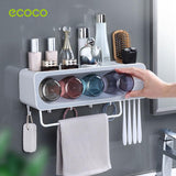 Ecoco Wall-Mounted Toothbrush Holder with 4 Cups and 4 Toothbrush Slots Toiletries Bathroom Storage Rack Grey - Front View
