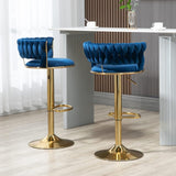 2x Height Adjustable Swivel Bar Stool Velvet Golden Base Barstools Chairs Padded Seat- Blue - Side View