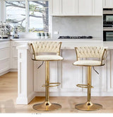 2x Height Adjustable Swivel Bar Stool Velvet Golden Base Barstools Chairs Padded Seat- Beige - Front View