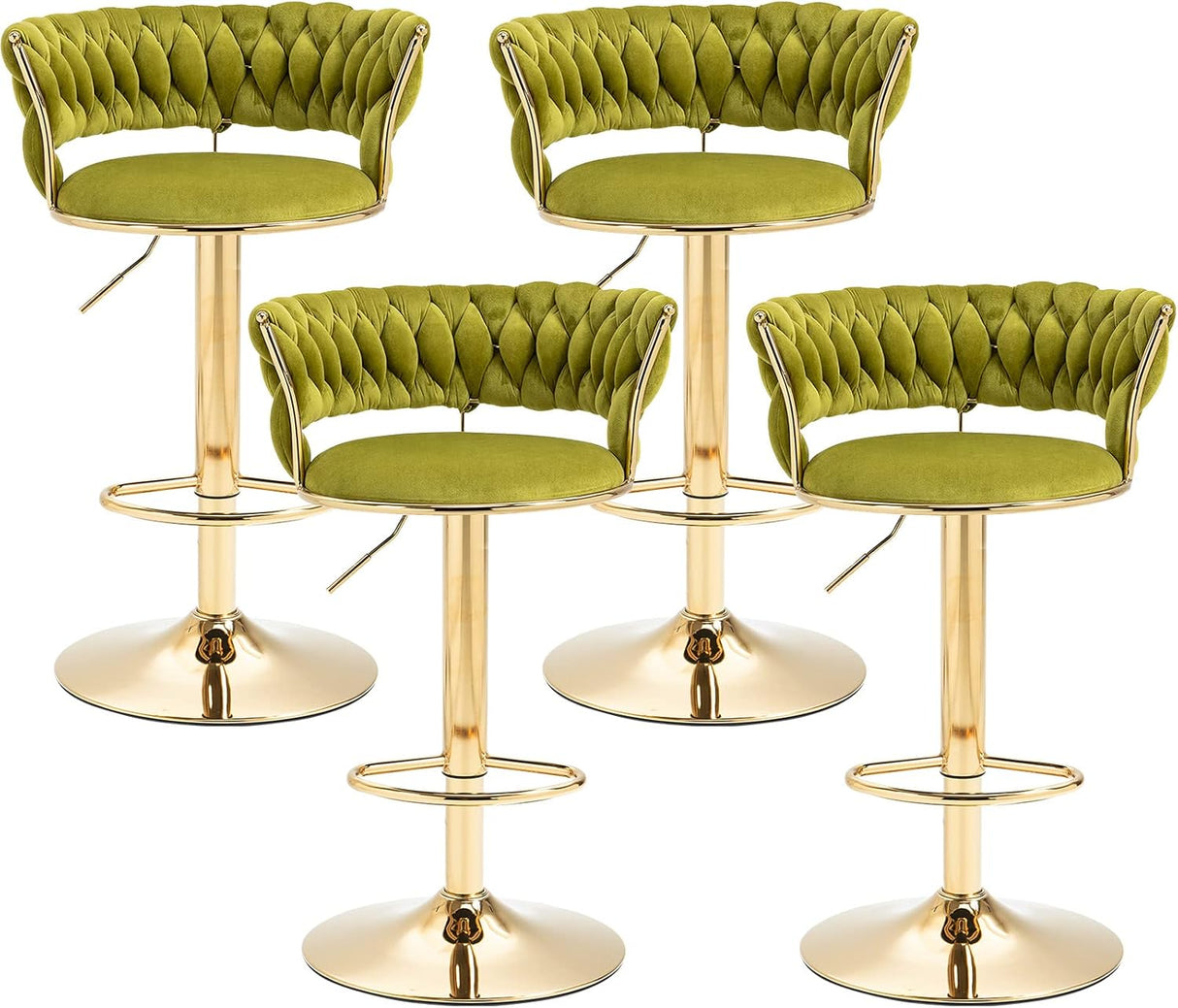 SERENIT? 2x Height Adjustable Swivel Bar Stool Velvet Golden Base Barstools Chairs Padded Seat Olive Green