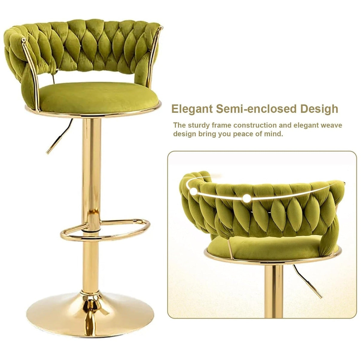 SERENIT? 2x Height Adjustable Swivel Bar Stool Velvet Golden Base Barstools Chairs Padded Seat Olive Green