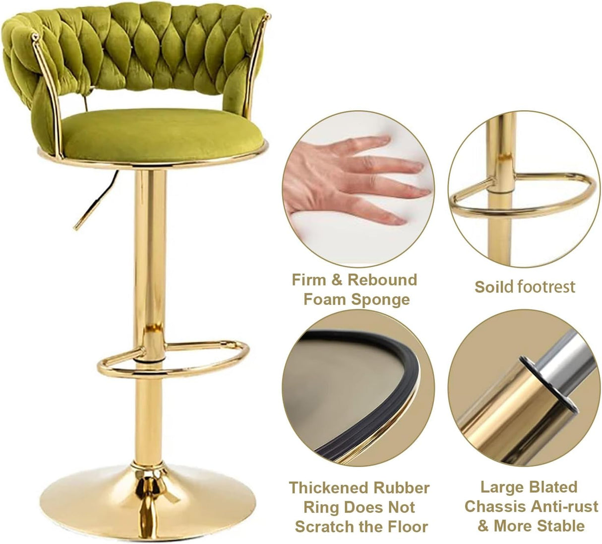 SERENIT? 2x Height Adjustable Swivel Bar Stool Velvet Golden Base Barstools Chairs Padded Seat Olive Green