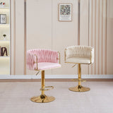 2x Height Adjustable Blue Swivel Bar Stool Velvet Golden Round Base Barstools Chairs - Side View