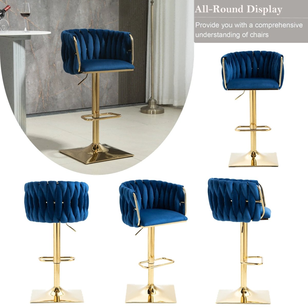 SERENITà Modern Velvet Breakfast Bar Stools Swivel Barstools Adjustable Counter Stools with Backrest Set of 2 Navy Blue