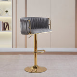 2x Height Adjustable Grey Swivel Bar Stool Velvet Golden Round Base Barstools Chairs - Front View