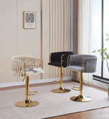 2x Height Adjustable Grey Swivel Bar Stool Velvet Golden Round Base Barstools Chairs - Side View