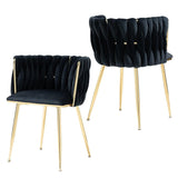 SERENIT??Black Modern Hand Weaving Dining ChairsVelvet Upholstered Side Chairs with Gold Legs Chic Vanity Chairs with Armrest Accent Chair for Dining Room and Cafe Set of 2
