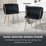 SERENIT??Black Modern Hand Weaving Dining ChairsVelvet Upholstered Side Chairs with Gold Legs Chic Vanity Chairs with Armrest Accent Chair for Dining Room and Cafe Set of 2