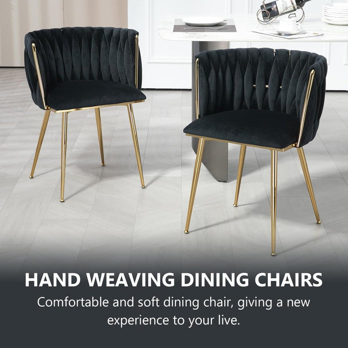 SERENITà Black Modern Hand Weaving Dining ChairsVelvet Upholstered Side Chairs with Gold Legs Chic Vanity Chairs with Armrest Accent Chair for Dining Room and Cafe Set of 2