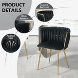 SERENIT??Black Modern Hand Weaving Dining ChairsVelvet Upholstered Side Chairs with Gold Legs Chic Vanity Chairs with Armrest Accent Chair for Dining Room and Cafe Set of 2
