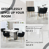 SERENIT??Black Modern Hand Weaving Dining ChairsVelvet Upholstered Side Chairs with Gold Legs Chic Vanity Chairs with Armrest Accent Chair for Dining Room and Cafe Set of 2