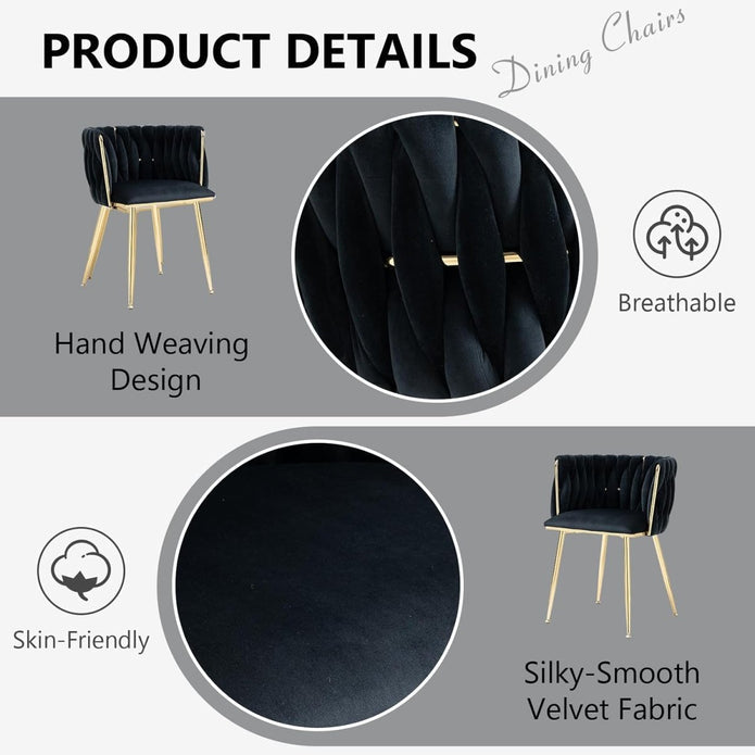 SERENITà Black Modern Hand Weaving Dining ChairsVelvet Upholstered Side Chairs with Gold Legs Chic Vanity Chairs with Armrest Accent Chair for Dining Room and Cafe Set of 2