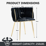 SERENIT??Black Modern Hand Weaving Dining ChairsVelvet Upholstered Side Chairs with Gold Legs Chic Vanity Chairs with Armrest Accent Chair for Dining Room and Cafe Set of 2