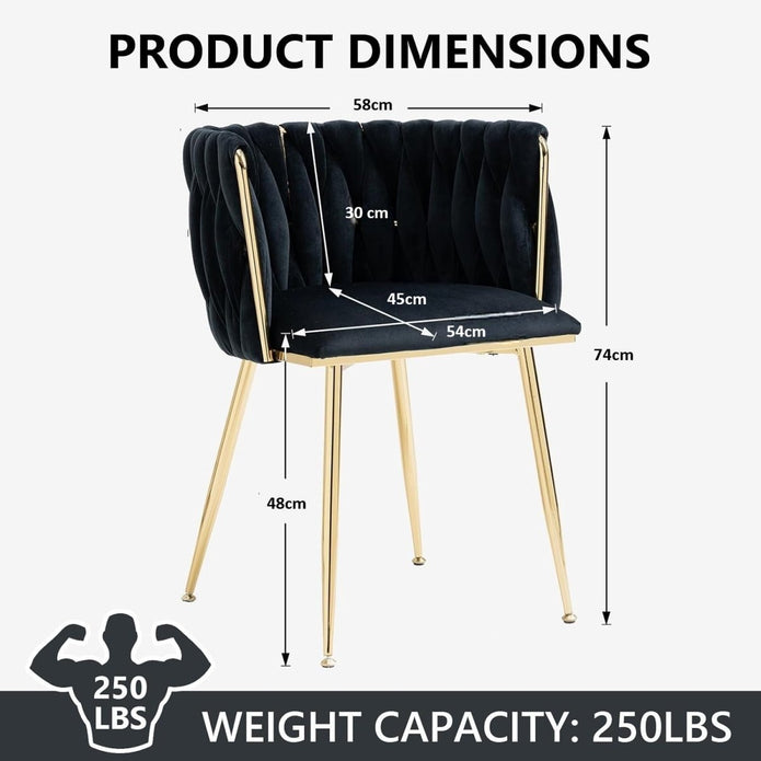 SERENITà Black Modern Hand Weaving Dining ChairsVelvet Upholstered Side Chairs with Gold Legs Chic Vanity Chairs with Armrest Accent Chair for Dining Room and Cafe Set of 2