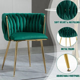SERENITà Emerald Green Modern Hand Weaving Dining Chairs,Velvet Upholstered Side Chairs with Gold Legs, Chic Vanity Chairs with Armrest, Accent Chair for Dining Room, and Cafe Set of 2 - Front View