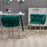 SERENITà Emerald Green Modern Hand Weaving Dining Chairs,Velvet Upholstered Side Chairs with Gold Legs, Chic Vanity Chairs with Armrest, Accent Chair for Dining Room, and Cafe Set of 2 - Side View