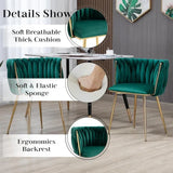 SERENITà Emerald Green Modern Hand Weaving Dining Chairs,Velvet Upholstered Side Chairs with Gold Legs, Chic Vanity Chairs with Armrest, Accent Chair for Dining Room, and Cafe Set of 2 - 45-Degree Angle