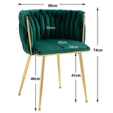 SERENITà Emerald Green Modern Hand Weaving Dining Chairs,Velvet Upholstered Side Chairs with Gold Legs, Chic Vanity Chairs with Armrest, Accent Chair for Dining Room, and Cafe Set of 2 - Rear View