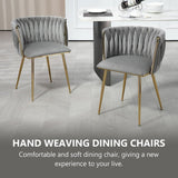 SERENITà Grey Modern Hand Weaving Dining Chairs,Velvet Upholstered Side Chairs with Gold Legs, Chic Vanity Chairs with Armrest, Accent Chair for Dining Room, and Cafe Set of 2 - Front View