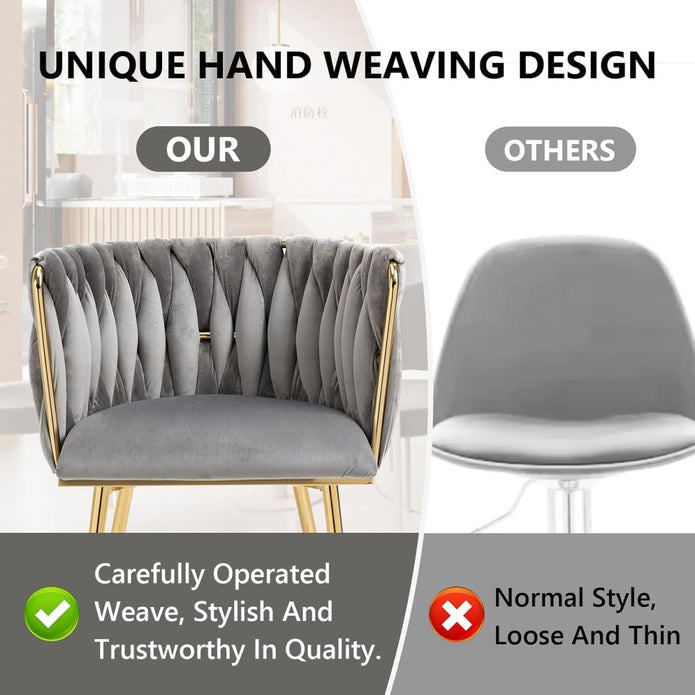 SERENIT??Grey Modern Hand Weaving Dining ChairsVelvet Upholstered Side Chairs with Gold Legs Chic Vanity Chairs with Armrest Accent Chair for Dining Room and Cafe Set of 2
