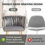 SERENIT??Grey Modern Hand Weaving Dining ChairsVelvet Upholstered Side Chairs with Gold Legs Chic Vanity Chairs with Armrest Accent Chair for Dining Room and Cafe Set of 2