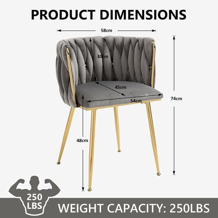 SERENIT??Grey Modern Hand Weaving Dining ChairsVelvet Upholstered Side Chairs with Gold Legs Chic Vanity Chairs with Armrest Accent Chair for Dining Room and Cafe Set of 2