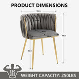 SERENITà Grey Modern Hand Weaving Dining Chairs,Velvet Upholstered Side Chairs with Gold Legs, Chic Vanity Chairs with Armrest, Accent Chair for Dining Room, and Cafe Set of 2 - Close-Up Angle