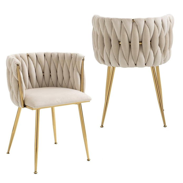 SERENITà Ivory Modern Hand Weaving Dining ChairsVelvet Upholstered Side Chairs with Gold Legs Chic Vanity Chairs with Armrest Accent Chair for Dining Room and Cafe Set of 2