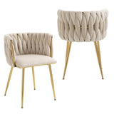SERENITà Ivory Modern Hand Weaving Dining ChairsVelvet Upholstered Side Chairs with Gold Legs Chic Vanity Chairs with Armrest Accent Chair for Dining Room and Cafe Set of 2